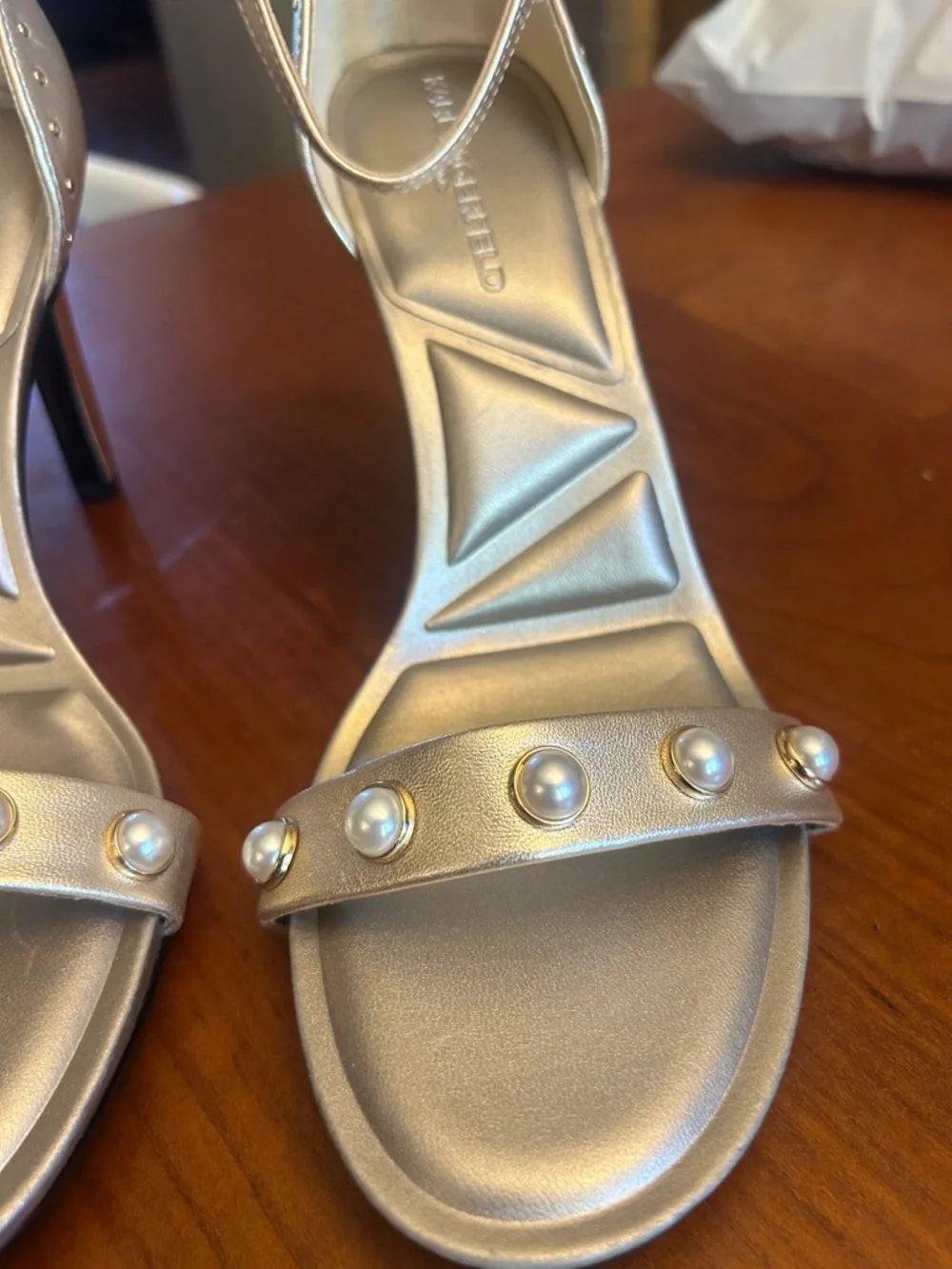 Karl Langerfeld Kenz Pearl Studded Ankle Strap Sandals in Gold Size 8.5 NEW